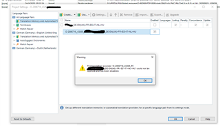 Trados Studio error message popup reading 'Warning: The connection attempt failed. A connection attempt failed because the connected party did not properly respond after a period of time, or established connection failed because connected host has failed to respond.'