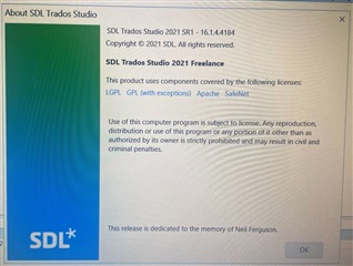 About SDL Trados Studio dialog box showing version as 2021 SR1 - 16.1.4.4184 with copyright information, license details, and a dedication to the memory of Neil Ferguson.