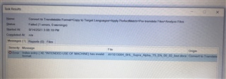 Trados Studio error message window showing a failed task with the message 'Index entry XE NOTFOUND' on file 'ANV00034.docx'. Task name: Convert to Translatable Format.