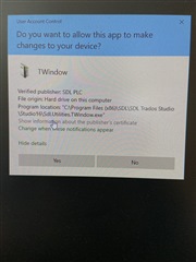 User Account Control prompt asking 'Do you want to allow this app to make changes to your device?' for TWindow application.