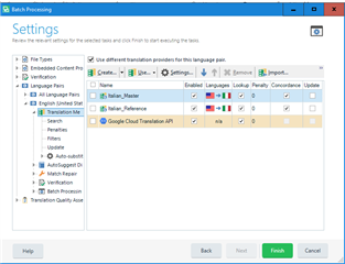 Trados Studio TM settings window showing file types, language pairs, and search settings with Google Cloud Translation API enabled.