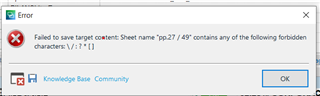 Error dialog box in Trados Studio 2021 displaying message: Failed to save target content. Sheet name 'pp.27  49' contains any of the following forbidden characters: , , , , , .