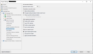 Trados Studio project settings dialog box showing Pre-translate options with 'Overwrite existing translations' unchecked and 'Lock confirmed matches' checked.