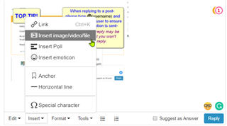 Screenshot of Trados Studio forum post editor with a tooltip showing 'Insert imagevideofile' option highlighted.