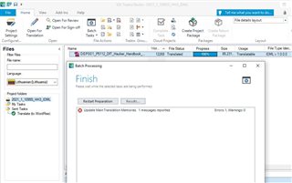 Trados Studio batch processing window showing 'Update Main Translation Memories' with 1 message reported and 1 message in progress.