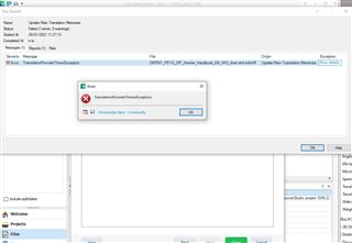 Error message in Trados Studio stating 'TranslationProviderUriTranslationProviderException'.