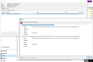 Detailed error message in Trados Studio with exception type 'Sdl.LanguagePlatform.TranslationMemoryApi.TranslationProviderUriTranslationProviderException'.