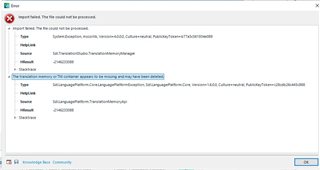 Error message in Trados Studio during import stating 'The file could not be processed'.