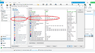 SDL Trados Studio 2019 screenshot showing the File Types list with PowerPoint 2007-2013 file type circled in red, indicating it is not found in the list.