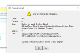 Script error message in SDL Studio 2017 showing 'Method not found' with file path and options to continue running scripts on the page.