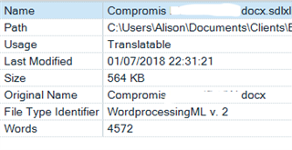 Trados Studio project word count with default TM settings showing 4,572 words for a .sdlxliff file.
