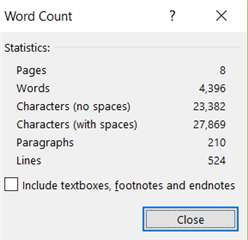 Microsoft Word document word count statistics showing 4,396 words and 23,382 characters without spaces.