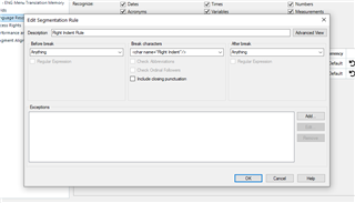 Screenshot of the 'Edit Segmentation Rule' dialog box in SDL Trados Studio with a rule name 'Right Indent' and empty fields for 'Before break' and 'After break'.