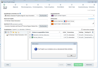Trados Studio new project dialog with an error message stating 'Das Projekt muss mindestens eine zu  bersetzende Datei enthalten.'