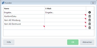 Trados Studio screenshot showing the 'Kunden' (Customers) dialog box with fields for 'Name' and 'E-Mail', and an inactive 'OK' button at the bottom.