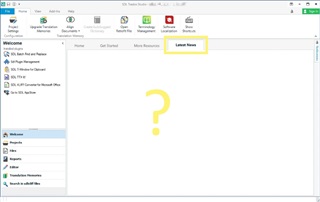 Screenshot of Trados Studio with the 'Latest News' tab open showing a blank page with a large yellow question mark in the center.