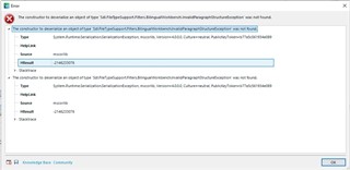 Error message dialog in Trados Studio showing a SerializationException related to deserializing an object of type 'InvalidParagraphStructureException'.