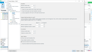 Screenshot of Trados Studio's Pre-translate Options window showing settings for minimum match value, segment filtering, and TM options without any visible errors or warnings.