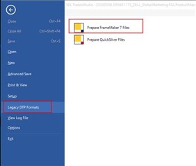 Trados Studio menu with 'Prepare FrameMaker 7 Files' option highlighted under 'Legacy DTP Formats'.
