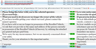 Trados Studio error message 'Alphanumeric 2 found in source but not in target 0001' highlighted in red at the top of the screen, with a translation project open showing source and target segments.