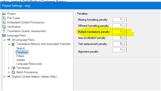 Screenshot of Trados Studio Project Settings dialog with Multiple Translation penalty set to 1% highlighted.
