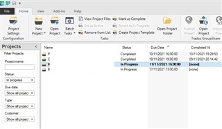Screenshot of Trados Studio showing project list with top 2 projects marked as completed but filtered to display 'In Progress'. No visible errors or warnings.