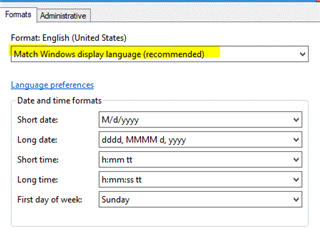 Screenshot of Trados Studio's Regional Settings with Format set to English (United States) and a highlighted option 'Match Windows display language (recommended)'.