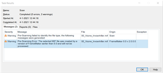 Trados Studio error message window showing a warning that the selected MIF file was created by a version of Framemaker earlier than 8.0 and will not be processed.