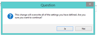 A pop-up window in Trados Studio with the title 'Question' and a message stating 'This change will overwrite all of the settings you have defined. Are you sure you want to continue?' with options 'Ja' and 'Nei'.