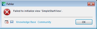 Error message in SDL Trados Studio with a red cross icon saying 'Failed to initialize view 'SimpleStartView'.' with options for Knowledge Base and Community.