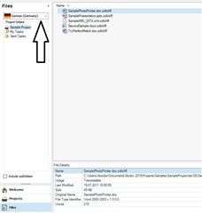 Screenshot of Trados Studio showing the 'Projects' view with 'Sample Project' selected and 'German (Germany)' highlighted as the target language for the files within the project.