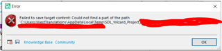 Error message in Trados Studio stating 'Failed to save target content. Could not find a part of the path' followed by a file directory ending in T.mxliff.