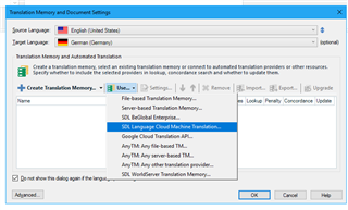 Trados Studio Translation Memory and Document Settings window showing SDL Language Cloud Machine Translation as an option in the dropdown menu.