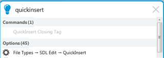 Search bar with 'quickinsert' typed in and one result for 'QuickInsert Closing Tag' under Commands.