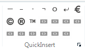 Trados Studio Home menu with QuickInsert options displayed, but the ellipsis character is missing.