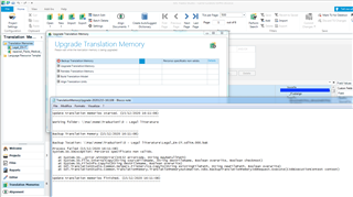 Trados Studio screenshot showing the 'Upgrade Translation Memory' window with an orange triangle warning next to a TM, indicating an available UpLift upgrade.