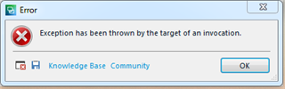 Error dialog box in Trados Studio with message 'Exception has been thrown by the target of an invocation.' and buttons for Knowledge Base and Community.