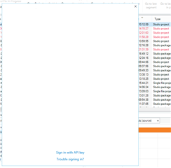 Trados Studio screenshot showing an empty project view with a 'Sign in with API key' prompt at the bottom and a list of recent projects on the right side, some marked with red error icons.