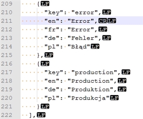 Screenshot of Trados Studio showing code with a key labeled 'error' in different languages followed by a carriage return symbol.