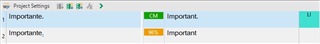 Trados Studio screenshot displaying the Project Settings with a translation match 'Importante.' to 'Important.' highlighted in green and orange.