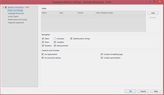 Trados Studio Translation Memory Settings dialog box with the Acronyms option disabled under the Fields and Settings submenu.