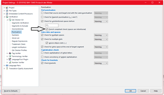 Trados Studio Project Settings window showing Verification tab with QA Checker 3.0 options. 'Check for missing spaces before punctuation' is highlighted.