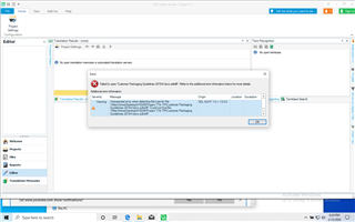 Trados Studio error message window overlaying the Editor view, indicating 'Failed to save target content: Object reference not set to an instance of an object.'