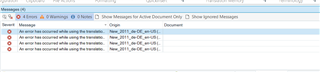 Trados Studio Messages window showing 4 errors related to file conversion during translation.