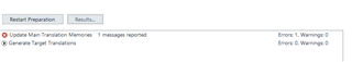 Trados Studio Batch Tasks window with a warning message for 'Update Main Translation Memory' task.