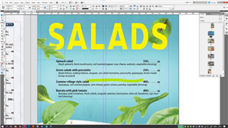 Screenshot of a restaurant menu in a design software showing 'SALADS' header and list of dishes with 'Right Indent' before prices.