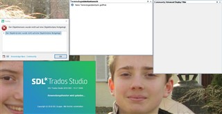 SDL Trados Studio application with two empty windows, one labeled 'Terminologiedatenbankansicht' with text 'No termbase opened', and another labeled 'Community Advanced Display Filter'.