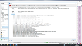Screenshot of SDL Trados Studio error message stating 'Failed to save target content' due to an issue converting the document back to Microsoft Word format.