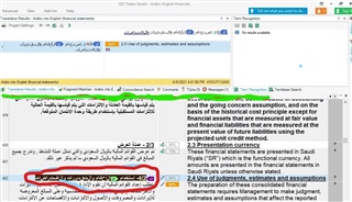 Screenshot of SDL Trados Studio 2021 showing source segment number 422 with jumbled and upside-down Arabic text in the translation editor.