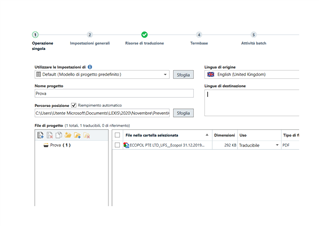 Trados Studio project creation window with options for project name, source language set to Italian, and target language set to English (United Kingdom).